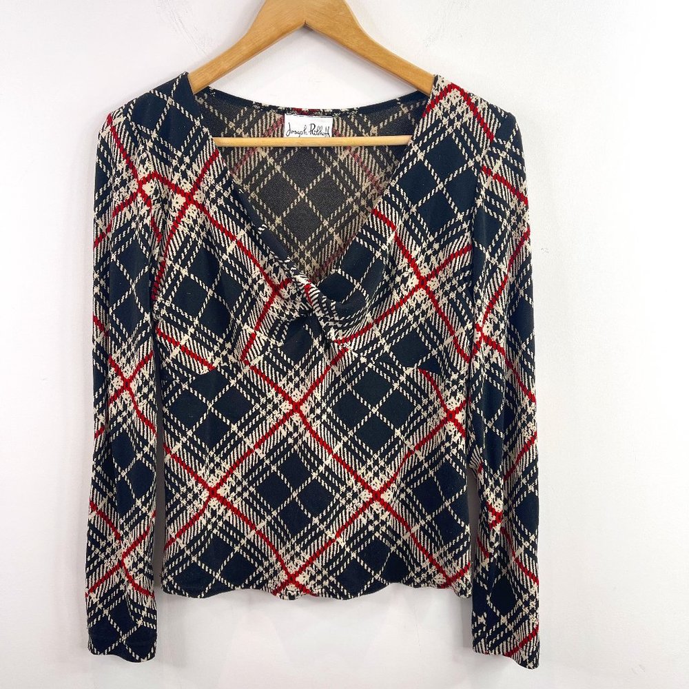 Joseph Ribkoff Woman Black Red Argyle Checked V Neck Long Sleeve Top Size 10/12
